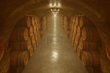 Téléchargez les photos : Explorez les profondeurs d'une cave à vin traditionnelle avec des rangées de fûts de chêne parfaitement alignés, illuminant l'artisanat dans le cœur d'un vignoble. - en image libre de droit