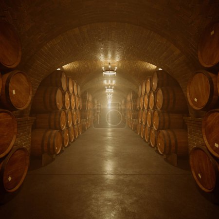 Téléchargez les photos : Cave à vin souterraine majestueuse avec rangées parallèles de fûts de chêne pour le vieillissement des vins de qualité supérieure, baignée dans un éclairage doux et chaud qui accentue le plafond en briques cintrées. - en image libre de droit