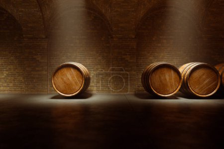 Téléchargez les photos : Dans un cadre serein, les tonneaux de vin vintage en bois reposent dans une ancienne cave, entourée de murs en pierre et baignée d'un éclairage doux et atmosphérique, évoquant un sens de la tradition intemporelle.. - en image libre de droit