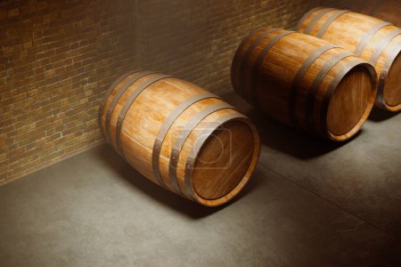 Evocative photograph capturing the essence of heritage with antique wooden wine barrels lined up in a historic cellar, boasting rich textures and ambient lighting.