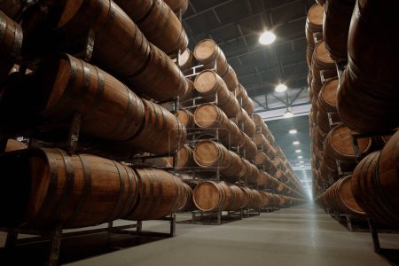 Une collection de fûts de bois vieilli soigneusement disposés dans un entrepôt sombre, faisant allusion aux processus de maturation du vin et du whisky sous la subtilité d'un éclairage chaud et ambiant.