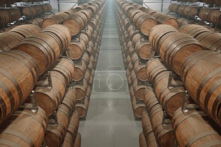 Evocative image showcasing meticulously stacked oak wine barrels in a tranquil cellar, capturing the essence of wine age and craftsmanship in a timeless setting.