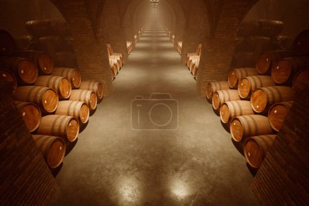 Una composición cautivadora y simétrica de barricas de vino de madera envejecida apiladas a lo largo de los senderos de ladrillo arqueado de una bodega vintage subterránea evocadora, que insinúa una rica historia de la vinificación..