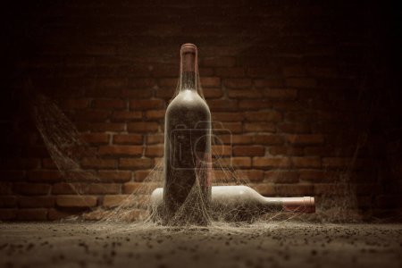 A pair of time-weathered wine bottles, shrouded in dust and adorned with delicate cobwebs, rest on an old wooden shelf in a dim cellar, encased by vintage brickwork.