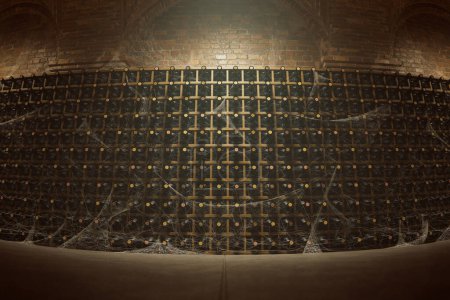 Ein ausgedienter Weinkeller, in dem Regale mit staubbedeckten Flaschen stehen, die von zarten Spinnweben umgeben sind, was auf eine Geschichte der uralten Weinherstellung und des historischen Erbes hindeutet.
