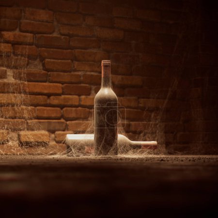 Ein Paar verwitterte Weinflaschen, eingehüllt in Staub und mit zarten Spinnweben verziert, ruhen auf einem alten Holzregal in einem schummrigen Keller, umhüllt von historischem Mauerwerk..