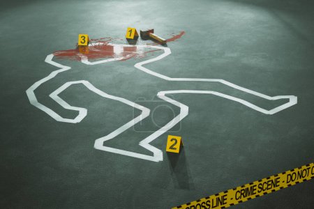 Photo for A meticulous recreation of a crime scene featuring a human body chalk outline, evidence markers numbered for forensics, and the prominent police barrier tape demanding 'Do Not Cross'. - Royalty Free Image