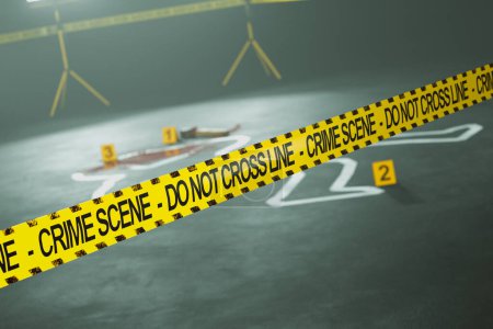 Photo for Intense scrutiny at a criminal investigation scene cordoned off by yellow 'CRIME SCENE - DO NOT CROSS' tape, featuring evidence markers and official police lighting in the background. - Royalty Free Image