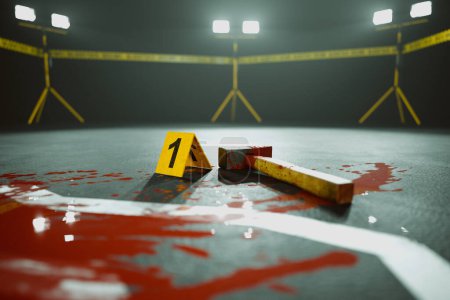 Photo for A meticulous capture of a crime scene showing a bloodied knife and Evidence No. 1 placed on a somber backdrop, encircled by yellow police tape. - Royalty Free Image