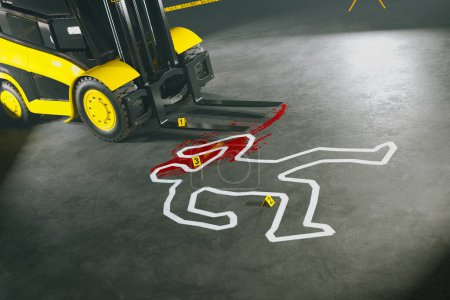 A mock-up industrial accident within a warehouse, featuring a forklift near a chalk outline, surrounded by numbered evidence markers, depicting a meticulous forensic simulation.