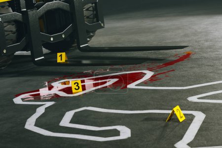 In-depth exposure of a meticulous crime scene investigation, capturing bloodstains, distinct tire marks, and numbered evidence markers on a grey surface.