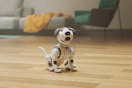 Photo for This 3D illustration showcases an advanced robotic dog interacting within the sleek, modern surroundings of a well-appointed home interior, highlighting the harmony of high-tech and design. - Royalty Free Image