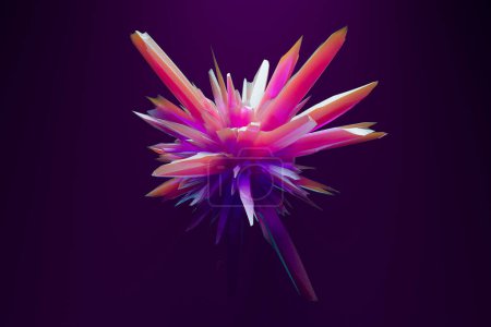 Erkunden Sie die faszinierende Tiefe dieses digitalen abstrakten Kunstwerks, das eine strahlende Kristallstruktur mit einem Neon-Schein vor einer krassen violetten Leinwand zeigt