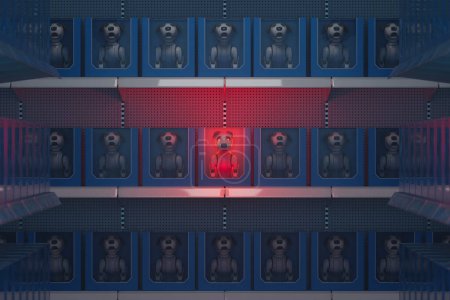 Foto de En una exhibición visualmente conmovedora de uniformidad vs. individualidad, un perro robot rojo vivo contrasta bruscamente con un mar de compañeros robots azules idénticos en una llamativa configuración de línea de montaje. - Imagen libre de derechos