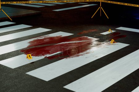 Foto de Escena nocturna intensa de una investigación del crimen en un cruce de peatones, repleta de marcadores de evidencia, sangre simulada y cinta de precaución. - Imagen libre de derechos