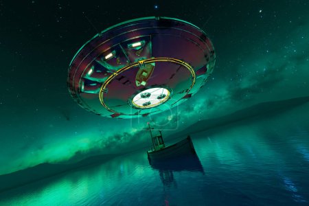 Foto de La cautivadora obra de arte representa un enigmático OVNI que emite luz sobre un barco solitario en un mar tranquilo, con la deslumbrante Vía Láctea como telón de fondo celestial. - Imagen libre de derechos