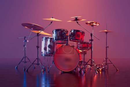 Photo for A meticulously arranged professional drum set with shiny cymbals, bathed in vibrant stage lights, casting striking reflections on a polished surfaceready for performance - Royalty Free Image
