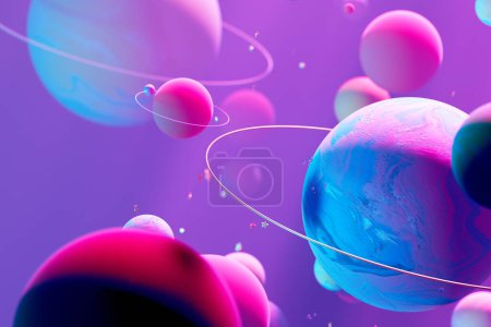 Foto de Esta imagen captura una serie de esferas brillantes con anillos brillantes, colocados sobre un rico telón de fondo púrpura que evoca la inmensidad de un paisaje cósmico nebuloso. - Imagen libre de derechos