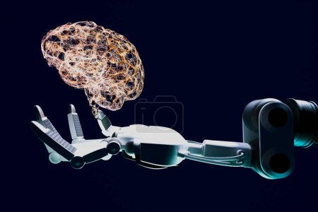 Un brazo robótico meticulosamente diseñado se extiende hacia una construcción de inteligencia artificial brillante que se asemeja al cerebro, encapsulando la sinergia de la tecnología y la computación cognitiva.