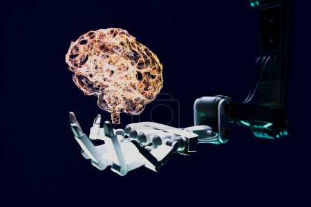 In this intricate depiction, a robotic hand is intertwined with a glowing brain hologram, symbolizing cutting-edge advances in AI and neural network technology against a stark backdrop.