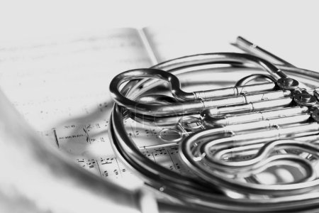 Photo for Captivating close-up of a classic French horn juxtaposed with gently blurred sheet music in a nuanced black and white composition. Refinement meets musical tradition. - Royalty Free Image