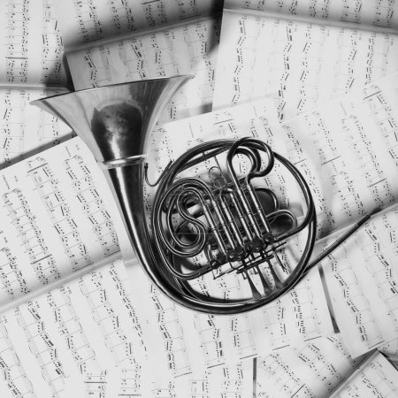 Una impresionante composición en blanco y negro que muestra un cuerno francés con su intrincado diseño, acostado en una variedad de hojas musicales, capturando la esencia de la creación y el rendimiento de la música clásica.