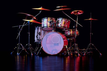 Exquisitely detailed depiction of a professional drum set, featuring gleaming cymbals and hardwood shells, elegantly isolated on a pure black backdrop, symbolizing the heart of percussion in music.