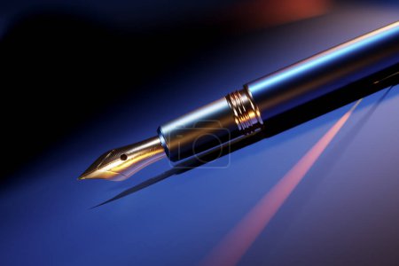 Photo for This image showcases the elegance of a high-end fountain pen, adorned with gold details, lying against a striking blue background with nuanced light effects. - Royalty Free Image