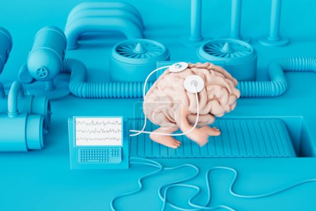 Ilustración intrincada de un cerebro humano conectado a máquinas de diagnóstico avanzadas, representado en un sorprendente tono azul monocromático, que simboliza la investigación neurológica de vanguardia.