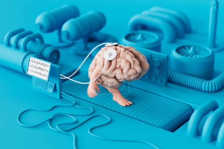 Esta vibrante ilustración en 3D representa un cerebro humano con piernas y auriculares funcionando activamente en una cinta de correr, simbolizando la interacción entre el ejercicio físico y la salud cognitiva..