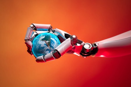 Dieses Bild fängt die symbolische Harmonie zwischen fortschrittlicher Robotik und Umweltschutz ein und zeigt mechanische Hände, die die Erde vor einem auffallend orangen Farbton wiegen..