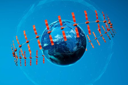 Una llamativa ilustración digital que muestra una densa red de satélites en la órbita de la Tierra, simbolizando un complejo y sofisticado sistema global de comunicación y navegación.