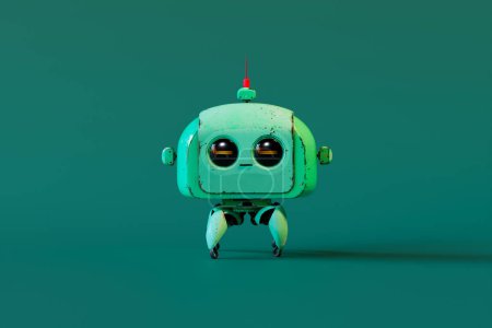 This image captures a delightful retro-style robot, featuring expressive eyes and a weathered teal finish, poised whimsically against a unicolor teal background, evoking nostalgia.