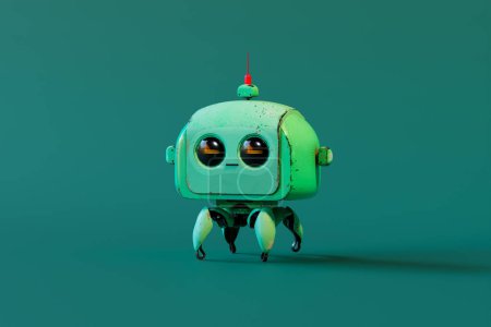 This charming vintage-style robot toy stands out with its whimsical design, vividly contrasting the simplistic vibrant green background, invoking warm memories and a playful touch of futurism.