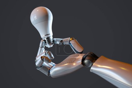 Foto de Un intrincado brazo robótico sostiene una bombilla brillante, simbolizando una fusión de tecnología e innovación contra un telón de fondo oscuro. - Imagen libre de derechos