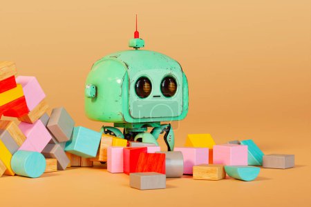 Un encantador juguete robot vintage se encuentra en medio de una vibrante selección de bloques de madera de diferentes formas, colocados sobre un telón de fondo neutro, ofreciendo un toque caprichoso a la nostalgia del tiempo de juego..