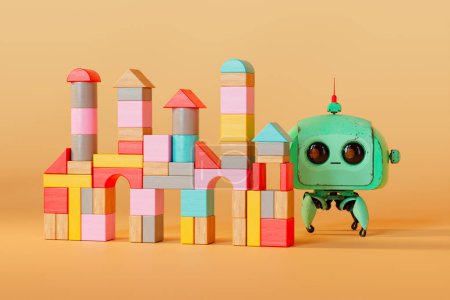 An imaginative assembly of vibrant wooden blocks and a classic robot toy on an orange background, symbolizing playful learning and nostalgic joy.