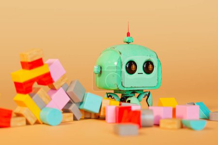 Foto de Un robot de juguete vintage de ojos grandes de diseño elegante está enclavado en un vibrante revoltijo de bloques de madera multicolores, creando una escena nostálgica en un fondo naranja cálido.. - Imagen libre de derechos