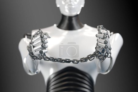 Foto de Representación detallada de manos de robot encadenadas sobre un telón de fondo gris, presentando metafóricamente restricciones de inteligencia artificial, limitaciones en tecnología y conceptos futuristas. - Imagen libre de derechos