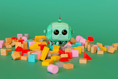 Una pantalla llamativa de un juguete robot de estaño retro en medio de una vibrante colección de bloques de construcción de madera multicolores, que evoca una sensación de asombro y nostalgia infantil contra un exuberante telón de fondo verde.