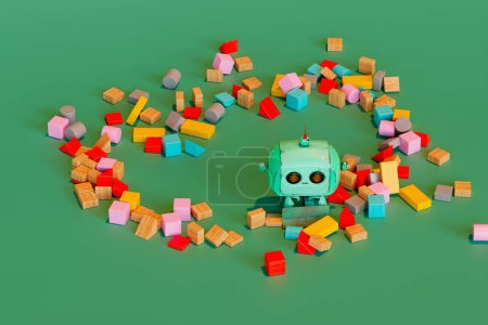 Una ilustración 3D meticulosamente detallada captura un juguete nostálgico robot retro rodeado por un surtido vívido de bloques de alfabeto multicolores.