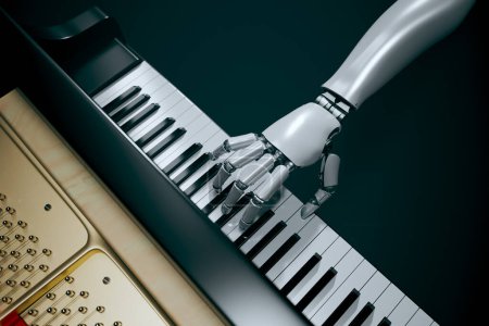 Eine fortschrittliche Roboterhand demonstriert eine Synthese aus Musikkunst und modernster Technologie, die Klaviertasten mühelos mit Präzision manipuliert.