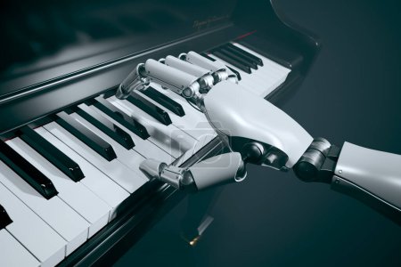 Téléchargez les photos : Une main robotisée sophistiquée démontre un mélange sans faille de technologie et de musique classique en jouant habilement les clés d'un piano à queue élégant dans un cadre de concert. - en image libre de droit
