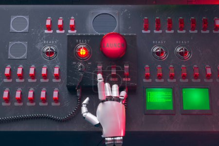 Vue rapprochée d'une main robotisée de haute technologie positionnée pour enclencher un bouton de lancement rouge éclairé au milieu d'un panneau d'interrupteurs et d'écrans numériques dans une salle de contrôle.