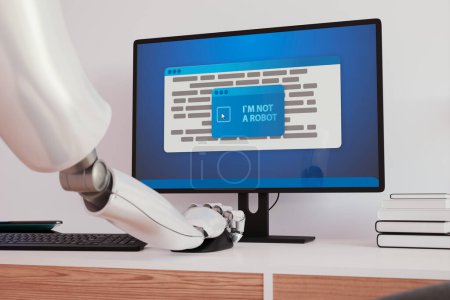 Depicts a futuristic robotic arm interacting with a computer, performing a CAPTCHA security test, highlighting the integration of robotics and advanced cybersecurity measures.