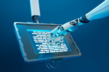 Impresionante ilustración digital 3D que representa un brazo robótico avanzado con dedos altamente articulados escribiendo hábilmente en un teclado radiante para computadora portátil, encapsulado en un ambiente tecnológico azul vibrante.
