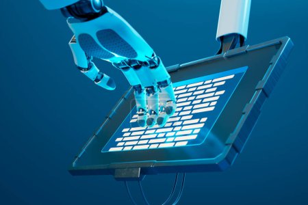 Un bras robotique hautement sophistiqué avec une main humanoïde interagit avec un clavier virtuel lumineux, ce qui signifie une technologie de pointe en automatisation et en intelligence artificielle.