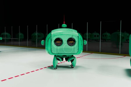 Téléchargez les photos : Un charmant jouet robot vert d'inspiration vintage aux yeux expressifs se dresse sur une surface blanche réfléchissante au milieu d'une gamme de figures robotiques similaires en mise au point douce. - en image libre de droit