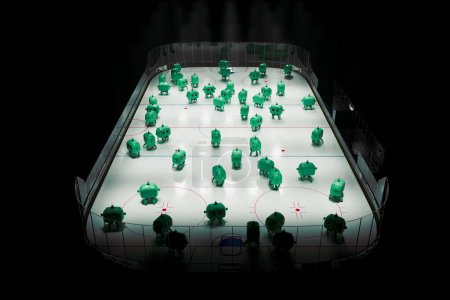 Foto de Un conjunto meticulosamente organizado de figuras robot verdes está preparado para la acción en la superficie helada de una pista de hockey, con iluminación enfocada creando un ambiente dramático. - Imagen libre de derechos