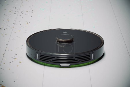 Photo for Capturing the essence of modern home convenience, this image showcases an autonomous robotic vacuum cleaner effortlessly gliding over a spotless white tile floor, surrounded by scattered confetti. - Royalty Free Image